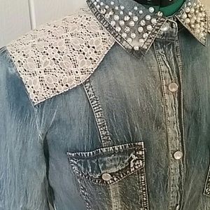 NWT Neslay Rhinestone Pearl Denim Shirt